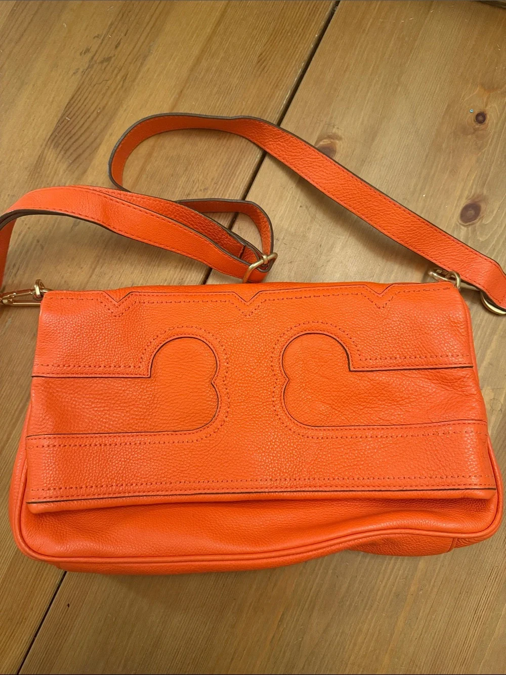 Tory Burch Orange Leather Foldover Crossbody Bag